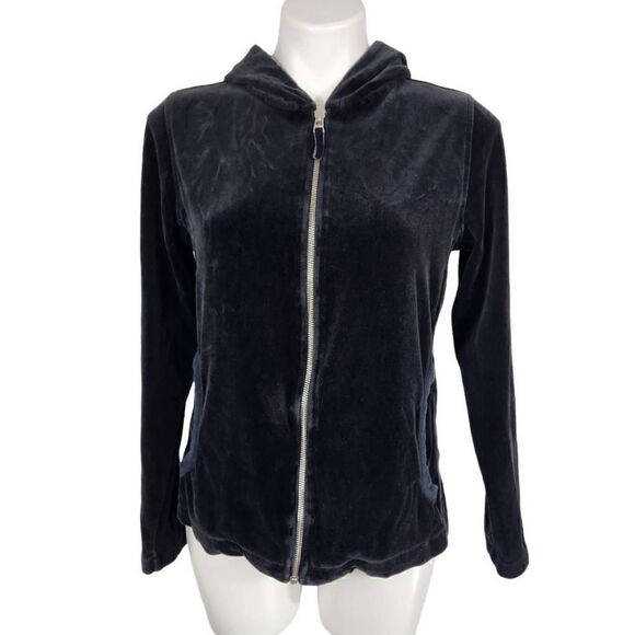 Eddie Bauer black velour hooded zip front jacket Size Large - Picture 1 of 6